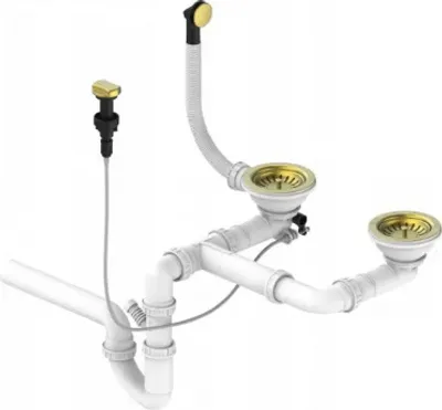 Produktbild von Ablaufgarnitur Spüle 2 Becken Gold Doppel Siphon Siebkorb Abfluss Küche Chrom Automatischer Siphon