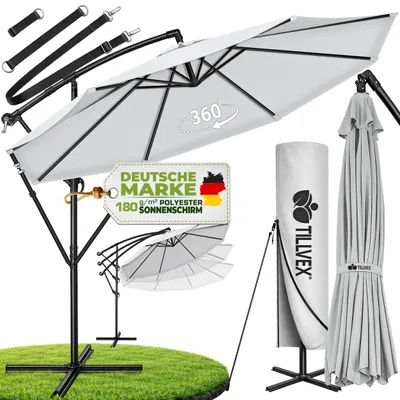 Produktbild von tillvex Sonnenschirm Grau Ø 350 cm Ampelschirm Gartenschirm Marktschirm Kurbel Balkon Alu Neigbar Grau - Ø350cm
