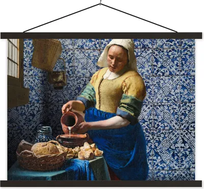 Produktbild von MuchoWow® Textilposter Milchmädchen - Delfter Blau - Vermeer - Gemälde - Alte Meister 150x113 cm mit schwarzem Rahmen - Wohnzimmer