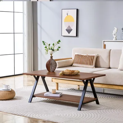Immagine prodotto di Tavolino MODFU con ripiano contenitore, tavolino da soggiorno con piano di 2 cm, tavolino ausiliario con 2 ripiani, dimensioni 110x57x44,5 cm, noce