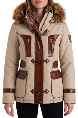 Produktbild von Damenjacke Jacke winterjacke mit aufgenähten Lederstreifen und webpelz, Farbe:Beige, Größe:40/L