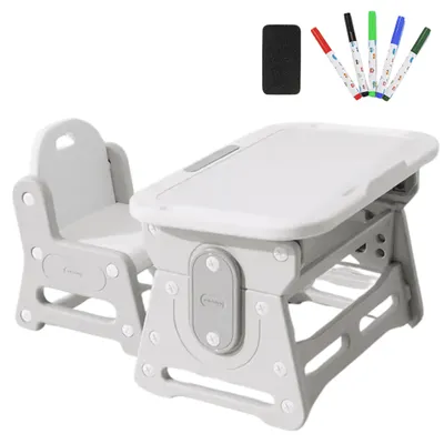 Immagine prodotto di Tavolo per bambini regolabile in altezza con sedia - piano inclinabile - ergonomico, stabile e sicuro - set da tavolo per bambini per imparare, dipingere e mangiare