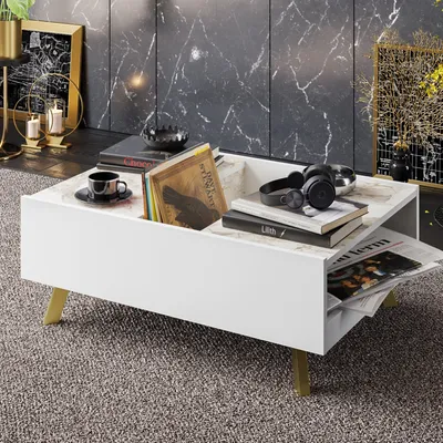 Obrázek produktu pro Skye Decor, moderní konferenční stolek s kovovými nohami, rozměry 90 x 63 x 34 cm | 100% melaminová překližka, tloušťka 18 mm | Bílá barva, mnoho polic, možnost montáže na zeď, elegantní design s efektem mramoru.
