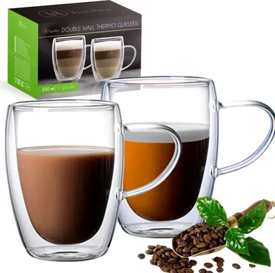 Produktbild von Vog&Arths Doppelwandige Kaffeegläser und Teegläser mit Ohr - 2x 350ML - Gläser für Latte Macchiato, Kaffee, Cappuccino oder Tee