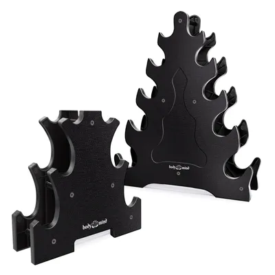 Two black dumbbell racks are shown against a white background.