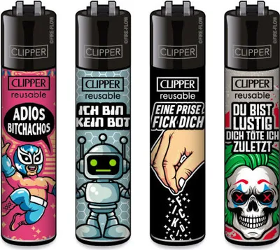 Produktbild von Clipper Reibrad Feuerzeuge Mix Slogan #11, 4 Stück