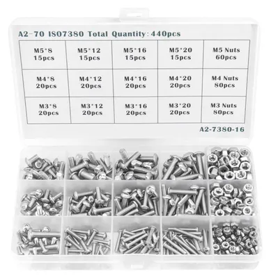 Imagen del producto de 440 piezas de un juego de tornillos, incluyendo tornillos y tuercas M3 y M4, así como arandelas, en una variedad de tamaños. Juego de tornillos con rosca