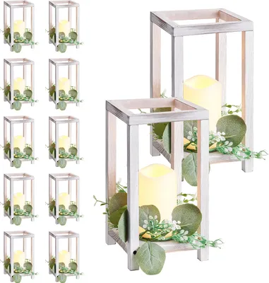 Image de SucceBuy Lot de 12 lanternes en bois avec bougeoirs, bougies LED sans flamme et guirlandes de feuilles d'eucalyptus - Idéal pour les mariages, les fêtes et les décorations rustiques en blanc