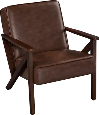 A brown leather armchair with wooden legs is shown against a white background.