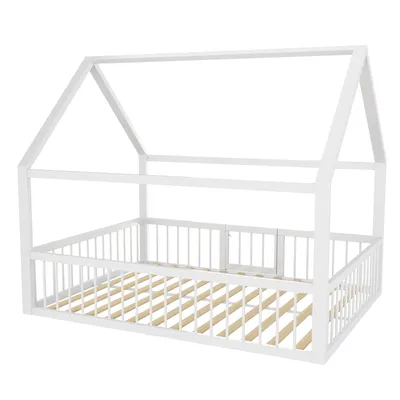 Produktbild von Hausbett mit Lattenrost und Rausfallschutz, 140x200 cm, Metallbett, Kinderbett, Doppelbett, Jugendbett