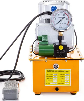 A hydraulic electric pump with a pressure gauge and a foot pedal, set against a white background.
