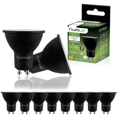Zdjęcie produktu dla Żarówka LED LUMILED GU10 PAR16 6 W, zamiennik 50 W, 600 lm, 4000 K (biała neutralna), kąt świecenia 120°, nieściemnialna, zestaw 10 sztuk, czarna, energooszczędna żarówka reflektorowa typu spot do kuchni, salonu, biura, przedpokoju – 10 sztuk