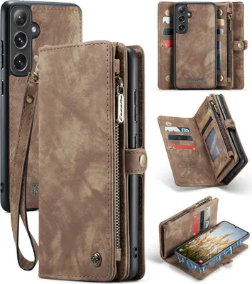 Produktbild von Schutzhülle für Samsung Galaxy S24 FE, Vintage Multifunktions Lederhülle, Kartenfächer, Reißverschluss Hülle Braun