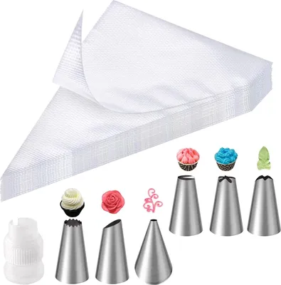 Produktbild von Einweg-Spritzbeutel mit Edelstahl-Tüllen und Adapter, zum Dekorieren von Kuchen, Cupcakes und Gebäck, 100-teiliges Komplettset