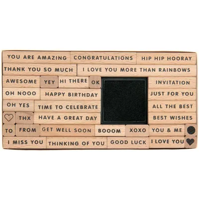 Produktbild von Rico Design Stempelset Textstempel Englisch aus Holz, 32-teilig, 16x8x2 cm