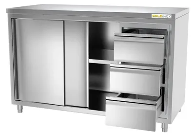 Imagen del producto de Mueble bajo de acero inoxidable, 1800 x 600 mm, con 3 cajones a la derecha, calidad PREMIUM - GOLDINOX