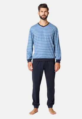Produktbild von Ladeheid Herren Schlafanzug Zweiteiler Langarm Pyjama lang bunt aus Baumwolle LA40-220 (Ozean Marineblau, XL)