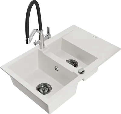 Produktbild von Mexen Gaspar 1,5-Becken-Granitspüle mit Abtropffläche und Mischbatterie Duo, Weiß - 6507-20-671701-07-B
