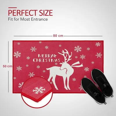Produktbild von Weihnachts-Fußmatte - Türmatte - Rot - 50 × 80 cm - Rutschfest - Waschbar - Rentier- und Schneeflockenmotiv - Für innen und außen