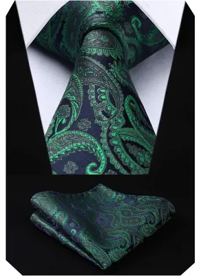 Zdjęcie produktu dla Komplet krawat i chusteczki do kieszeni męski, zielony, 100% jedwab, wzór Jacquard, motyw Paisley (indyjski ornament)
