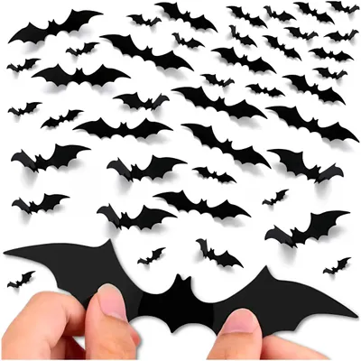 Produktbild von Halloween Fledermäuse 3D Wanddekoration, 56 Stück, schwarze Fledermaus Aufkleber aus PVC, Halloween Deko