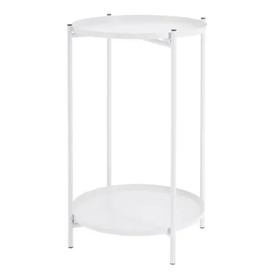 A white side table with two shelves against a white background.