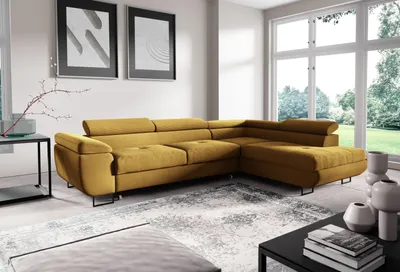 Produktbild von ANTONIO Ecksofa in L-Form ANTON - Höhenverstellbare Kopfstütze, Schenkel/Ottomane rechts oder links, Schlaffunktion&Bettkasten, Cordbezug in  Maisgelb