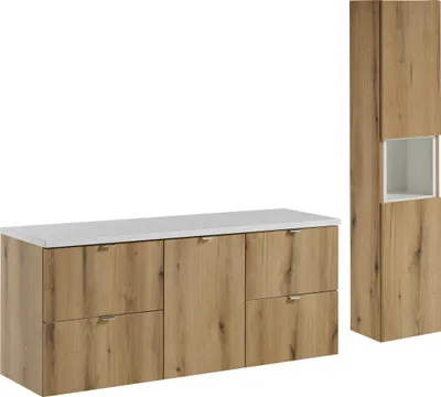 Zdjęcie produktu dla Szafka Łazienkowa 140 Cm Z Koszem I Słupkiem Dąb Coast Evoke + Biały Mat