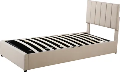 Obrázek produktu pro Postel s pružinami 90x200 cm Čalouněná postel s roštem a roštovým rámem, úložným prostorem a kovovým rámem, hydraulická jednolůžková postel Úložná postel Funkční postelPraní prádlo