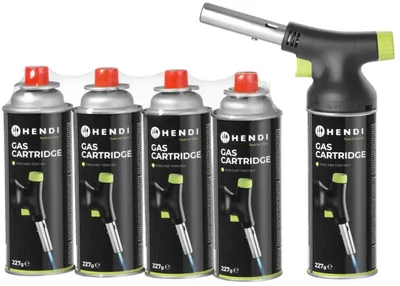 Produktbild von Hendi Creme Brulee Brenner / Kochbrenner - mit Gaszylinder - Jet + Butan Gas Nachfüllung - 4 Stück