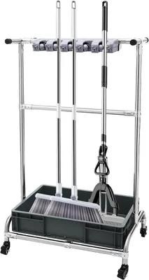 Produktbild von Mopphalter Edelstahl Fahrbarer Reinigungswagen mit 4 Rollen, 12 Haken Platzsparende Besenhalterung & Gerätehalter für Reinigungsgeräte Besenhalterung mit Putzmittel 66 x 42 x 110 cm
