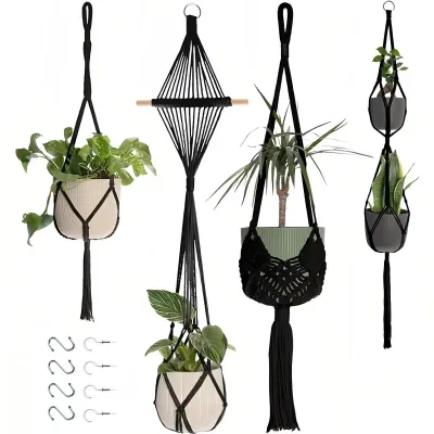 Image de Pots suspendus en macramé pour l'intérieur, lot de 4, décoration bohème, pots suspendus en macramé avec crochets, pots suspendus en corde de coton, décoration d'intérieur bohème, pots suspendus pour le balcon ou la fenêtre (noir)