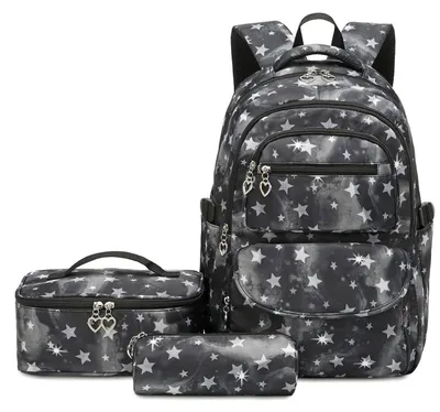 Produktbild von Schulrucksack Set 3-teilig Mädchen Stern-Schwarz Leichtgewicht mit Lunchtasche & Federmäppchen
