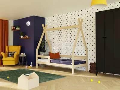 Produktbild von Kinderholzbett SAFE 5-in-1 in Tipi-Form mit Barriere 90x200 cm Himmelblau, Mit zwei Barrieren