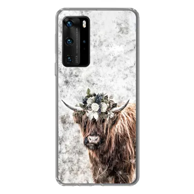 Produktbild von MuchoWow® Handyhülle Schutzhülle Hülle für Huawei P40 Pro Schottischer Highlander - Marmor - Blumen Silikon Softcase Handy Hülle - Schutz