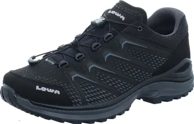 A black LOWA hiking shoe is shown against a white background.