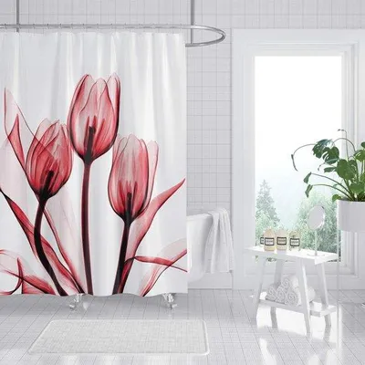 Produktbild von Famanu Duschvorhang mit Rosa Tulpenprint - Waschbar und Antischimmel - 180x200 cm