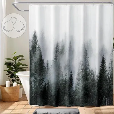 Produktbild von Famanu Duschvorhang Nebelwald 183 x 183 cm – wasserabweisendes Polyester mit Haken