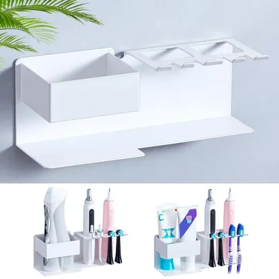 Obrázek produktu pro Držák na zubní kartáčky, elektrická zubní kartáčka, nástěnná montáž, bílá barva, kov, 4 sloty, 3 úložné přihrádky