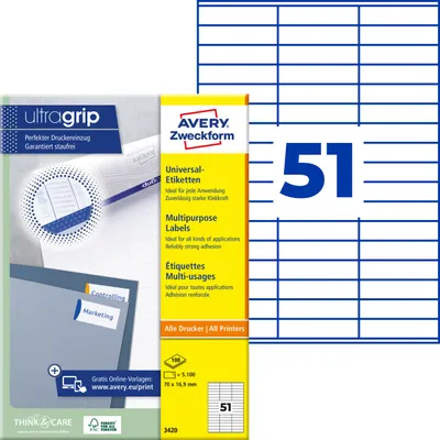 Produktbild von Avery Zweckform 3420, Universal-Etiketten, A4, Qualitätsdruck mit: ultragrip, 70 x 16,9 mm, 5.100 Etiketten / 100 Bögen, weiß