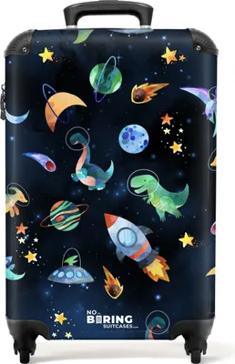 Produktbild von NoBoringSuitcases.com® Koffer Handgepäck Trolley Rollkoffer Kleine Reisekoffer mit 4 Rollen - Bunte Zeichnung von Dinosauriern, UFOs und Sternen - Cabin Size < 55x40x23 cm & 55x40x20 cm - Fotokoffer - Kabinenkoffer - BoardgepäckHandgepäck Koffer 55x35x20 cm, 36L,