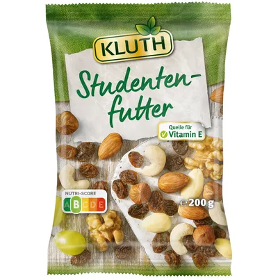 Verpackungsbild Kluth Studentenfutter Premium Snack Quelle für Vitamin E 200g