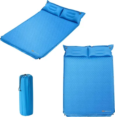 A collage of a blue inflatable sleeping mat with two built-in pillows, shown in different configurations, and a rolled-up sleeping mat in a carrying bag.