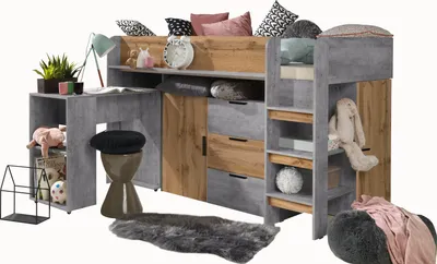 Produktbild von Etagenbett für Kinder KONKRET 1 Stockbett mit Treppe, Kleiderschrank und Schreibtisch (Beton + Wotan Eiche)