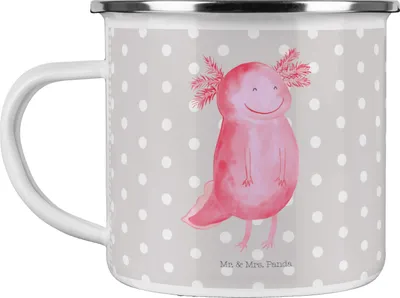 Produktbild von Mr. & Mrs. Panda Pott Axolotl Glücklich - Grau Pastell - Geschenk, Motivation, Lurch, gut Gelaunt, Emaille Tasse, becher, Teetasse, Lebensfroh, Haferl