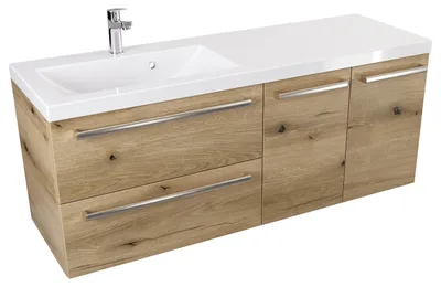 Produktbild von ATHD 120 cm SD Wandhängender Waschtischunterschrank links - Evoke Matt Eiche - Griffe aus gebürstetem Edelstahl