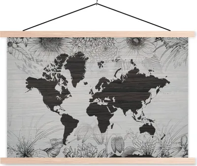 Produktbild von MuchoWow® Textilposter Weltkarte - Pflanzen - Blumen 120x80 cm mit holzfarbenen Rahmen - Aufhängeset