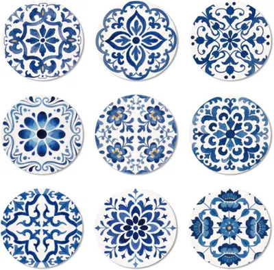 Produktbild von Blaue Untersetzer mit spanischem Muster, aus Holz – Set mit 9 Stück