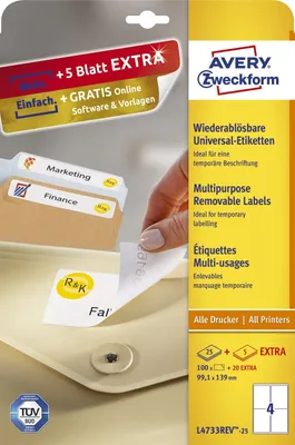 Image de Avery Zweckform L4733REV-25 Étiquettes universelles, 99,1 x 139 mm, 25 feuilles/100 étiquettes, blanc