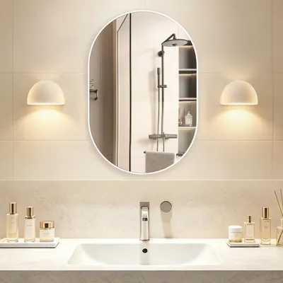 Productafbeelding van Ovale wandspiegel, 50x75 cm, wit, met metalen frame, geschikt voor badkamer en woonkamer